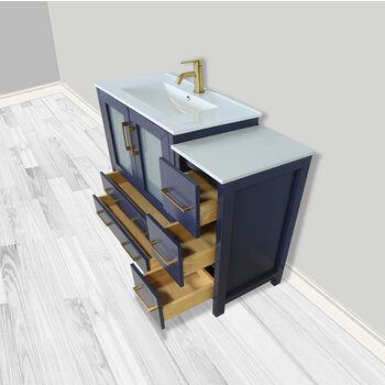 Vanity Art Brescia Single Sink Bathroom Vanity Set with Ceramic Vanity Top, Soft Closing Doors and Drawers, Side Cabinet, Undermount Rectangle Sink and Mirror, 36'' Blue Opened View