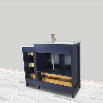 Vanity Art Brescia Single Sink Bathroom Vanity Set with Ceramic Vanity Top, Soft Closing Doors and Drawers, Side Cabinet, Undermount Rectangle Sink and Mirror, 36'' Blue Back View