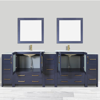 Vanity Art Brescia 96'' Double Sink Bathroom Vanity Set with 2x Ceramic Vanity Tops, Soft Closing Doors and Drawers, 3x Side Cabinet, 2x Undermount Rectangle Sinks and 2x Mirrors, 96'' Blue Door Opened View