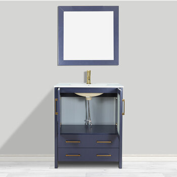 Vanity Art Brescia Single Sink Bathroom Vanity Set with Ceramic Vanity Top, Soft Closing Doors and Drawers, Undermount Rectangle Sink and Mirror, 30'' Blue Door Opened View