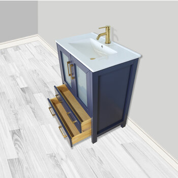 Vanity Art Brescia Single Sink Bathroom Vanity Set with Ceramic Vanity Top, Soft Closing Doors and Drawers, Undermount Rectangle Sink and Mirror, 30'' Blue Drawer Opened View
