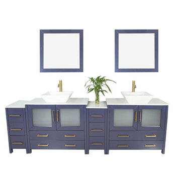 Vanity Art Ravenna 96 in. W Bathroom Vanity in Blue with Double Basin in White Engineered Marble Top and Mirrors