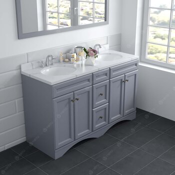 Virtu USA Talisa 60'' Double Sink Bathroom Vanity in Grey with Calacatta Quartz Top and Round Sink with Brushed Nickel Faucet and Mirror, 60''W x 23''D x 36''H