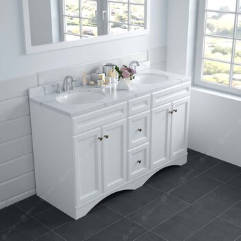 Virtu USA Talisa 60'' Double Sink Bathroom Vanity in White with Calacatta Quartz Top and Round Sink with Brushed Nickel Faucet and Mirror, 60''W x 23''D x 36''H