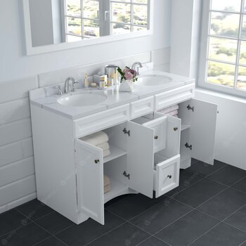 Virtu USA Talisa 60'' Double Sink Bathroom Vanity in White with Calacatta Quartz Top and Round Sink with Polished Chrome Faucet and Mirror, 60''W x 23''D x 36''H
