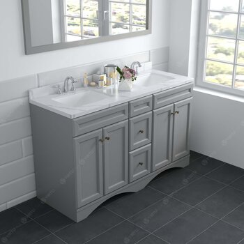 Virtu USA Talisa 60'' Double Sink Bathroom Vanity in Grey with Calacatta Quartz Top and Square Sink with Brushed Nickel Faucet and Mirror, 60''W x 23''D x 36''H