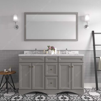 60" Double Bath Vanity in Gray, Cultured Marble Quartz Top Round Sinks, Brushed Nickel Faucets and Mirror