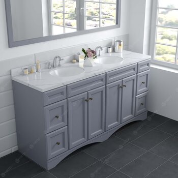 Virtu USA Talisa 72'' Double Sink Bathroom Vanity in Grey with Calacatta Quartz Top and Round Sink with Brushed Nickel Faucet and Mirror, 72''W x 23''D x 36''H