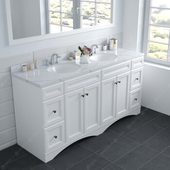Virtu USA Talisa 72'' Double Sink Bathroom Vanity in White with Calacatta Quartz Top and Round Sink with Brushed Nickel Faucet and Mirror, 72''W x 23''D x 36''H