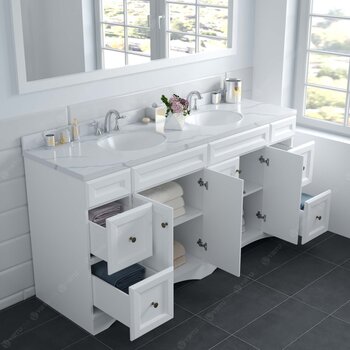 Virtu USA Talisa 72'' Double Sink Bathroom Vanity in White with Calacatta Quartz Top and Round Sink with Polished Chrome Faucet and Mirror, 72''W x 23''D x 36''H