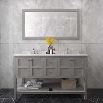 Virtu USA Winterfell 60" Double Bathroom Vanity Set in Gray, Cultured Marble Quartz Top with Round Sinks, Mirror Included