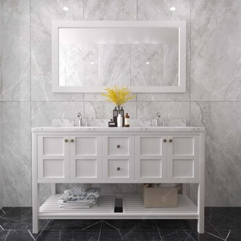 Virtu USA Winterfell 60" Double Bathroom Vanity Set in White, Cultured Marble Quartz Top with Round Sinks, Mirror Included