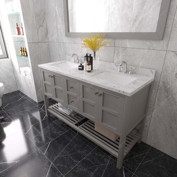 Virtu USA Winterfell 60" Double Bathroom Vanity Set in Gray, Cultured Marble Quartz Top with Square Sinks, Brushed Nickel Faucets, Mirror Included