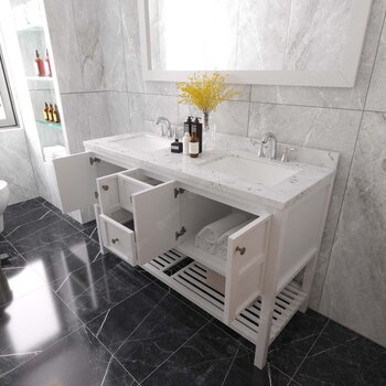 Virtu USA Winterfell 60" Double Bathroom Vanity Set in White, Cultured Marble Quartz Top with Square Sinks, Polished Chrome Faucets, Mirror Included