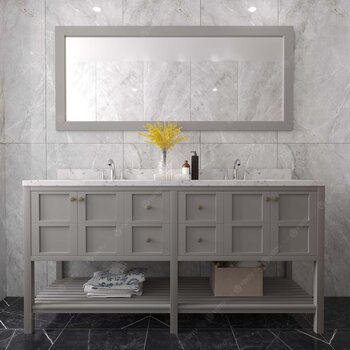Virtu USA Winterfell 72" Double Bathroom Vanity Set in Gray, Cultured Marble Quartz Top with Round Sinks, Mirror Included