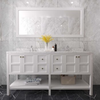 Virtu USA Winterfell 72" Double Bathroom Vanity Set in White, Cultured Marble Quartz Top with Round Sinks, Mirror Included