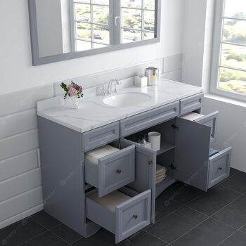 Virtu USA Talisa 60" Single Bathroom Vanity in Gray with Calacatta Quartz Top and Round Sink with Polished Chrome Faucet with Matching Mirror, 60" W x 22" D x 36-11/16" H