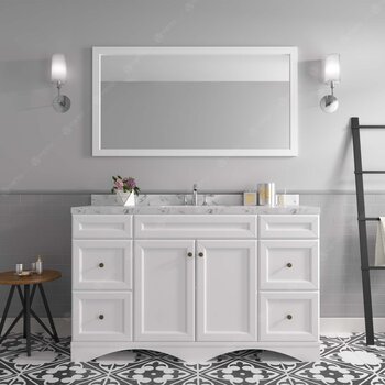 60" Single Bath Vanity in White, Cultured Marble Quartz Top Round Sink, Brushed Nickel Faucet and Mirror