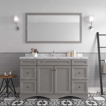 60" Single Bath Vanity in Gray, Cultured Marble Quartz Top Square Sink, Brushed Nickel Faucet and Mirror