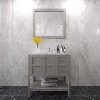 Virtu USA Winterfell 36" Single Bathroom Vanity in Gray with Cultured Marble Top and Round Sink with Matching Mirror, 36" W x 22" D x 36-11/16" H