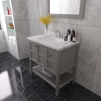 Virtu USA Winterfell 36" Single Bathroom  Vanity in Gray with Cultured Marble Top, Square Sink and Brushed Nickel Faucet with Matching Mirror, 36" W x 22" D x 36-11/16" H