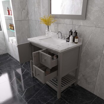 Virtu USA Winterfell 36" Single Bathroom Vanity in Gray with Cultured Marble Top and Square Sink with Polished Chrome Faucet with Matching Mirror, 36" W x 22" D x 36-11/16" H