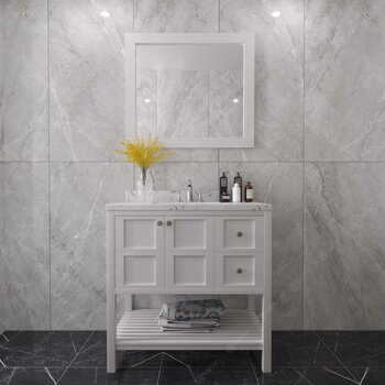 Virtu USA Winterfell 36" Single Bathroom Vanity in White with Cultured Marble Top and Square Sink with Matching Mirror, 36" W x 22" D x 36-11/16" H