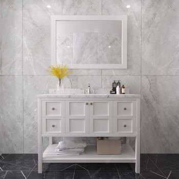 Virtu USA Winterfell 48" Single Bathroom Vanity in White with Calacatta Quartz Top and Round Sink with Matching Mirror, 48" W x 22" D x 36-11/16" H