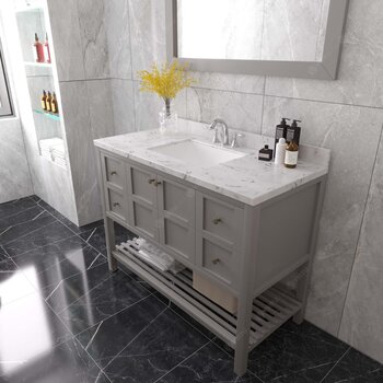 Virtu USA Winterfell 48" Single Bathroom  Vanity in Gray with Calacatta Quartz Top, Square Sink and Brushed Nickel Faucet with Matching Mirror, 48" W x 22" D x 36-11/16" H