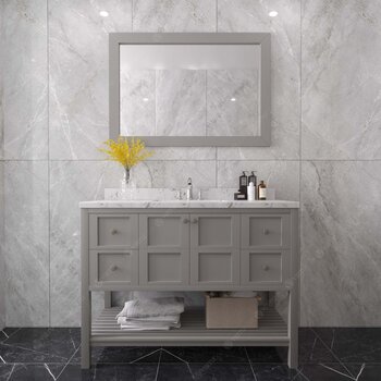 Virtu USA Winterfell 48" Single Bathroom Vanity in Gray with Calacatta Quartz Top and Square Sink with Matching Mirror, 48" W x 22" D x 36-11/16" H
