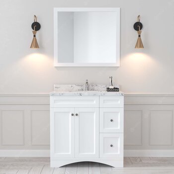 36" Single Bath Vanity in White, Cultured Marble Quartz Top Square Sink, Brushed Nickel Faucet and Mirror