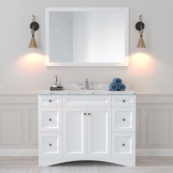 48" Single Bath Vanity in White, Cultured Marble Quartz Top Round Sink, Brushed Nickel Faucet and Mirror