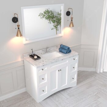 48" Single Bath Vanity in White, Cultured Marble Quartz Top and Square Sink, Polished Chrome Faucet, Matching Mirror