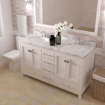 60" Double Bath Vanity in White, Cultured Marble Quartz Top Round Sinks and Polished Chrome Faucets and Mirror
