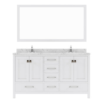 60" Double Bath Vanity in White, Cultured Marble Quartz Top Round Sinks and Mirror