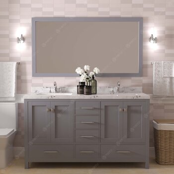 60" Double Bath Vanity in Gray, Cultured Marble Quartz Top Square Sinks, Brushed Nickel Faucets and Mirror
