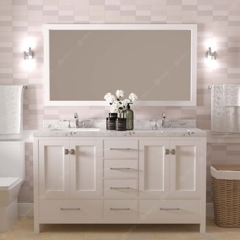 60" Double Bath Vanity in White, Cultured Marble Quartz Top Square Sinks, Brushed Nickel Faucets and Mirror