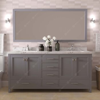 72" Double Bath Vanity in Gray, Cultured Marble Quartz Top Round Sinks, Brushed Nickel Faucets and Mirror