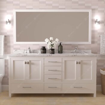 72" Double Bath Vanity in White, Cultured Marble Quartz Top Round Sinks, Brushed Nickel Faucets and Mirror