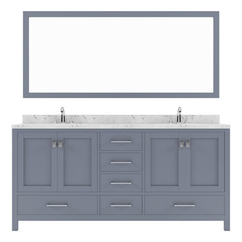 72" Double Bath Vanity in Gray, Cultured Marble Quartz Top and (2x) Square Sinks, Matching Mirror