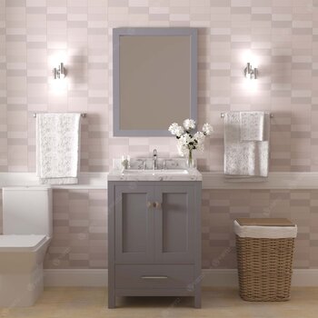 24" Single Bath Vanity in Gray, Cultured Marble Quartz Top Round Sink, Brushed Nickel Faucet and Mirror