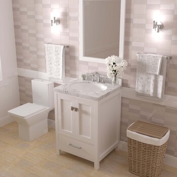 24" Single Bath Vanity in White, Cultured Marble Quartz Top Round Sink, Polished Chrome Faucet and Mirror