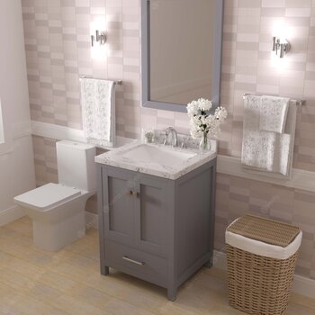 24" Single Bath Vanity in Gray, Cultured Marble Quartz Top and Square Sink, Polished Chrome Faucet, Matching Mirror