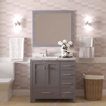 36" Single Bath Vanity in Gray, Cultured Marble Quartz Top Round Sink, Brushed Nickel Faucet and Mirror