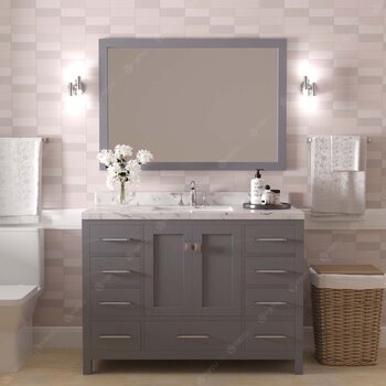 48" Single Bath Vanity in Gray, Cultured Marble Quartz Top Round Sink, Brushed Nickel Faucet and Mirror