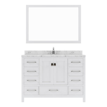 48" Single Bath Vanity in White, Cultured Marble Quartz Top and Square Sink, Matching Mirror
