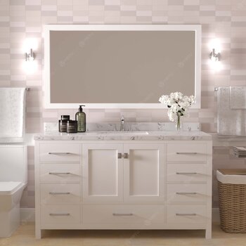 60" Single Bath Vanity in White, Cultured Marble Quartz Top Round Sink, Brushed Nickel Faucet and Mirror