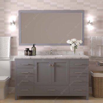 60" Single Bath Vanity in Gray, Cultured Marble Quartz Top Square Sink, Brushed Nickel Faucet and Mirror