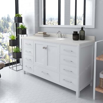 Virtu USA Caroline 60" Single Bath Vanity in White with Dazzle White Quartz Top, Round Sink and Brushed Nickel Faucet with Matching Mirror, 60" W x 22" D x 35" H