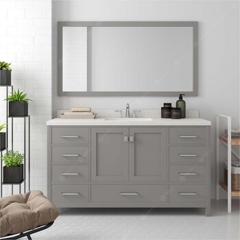 Virtu USA Caroline Avenue 60" Single Bathroom Vanity Set in Cashmere Gray, Dazzle White Quartz Top with Square Sink, Mirror Included